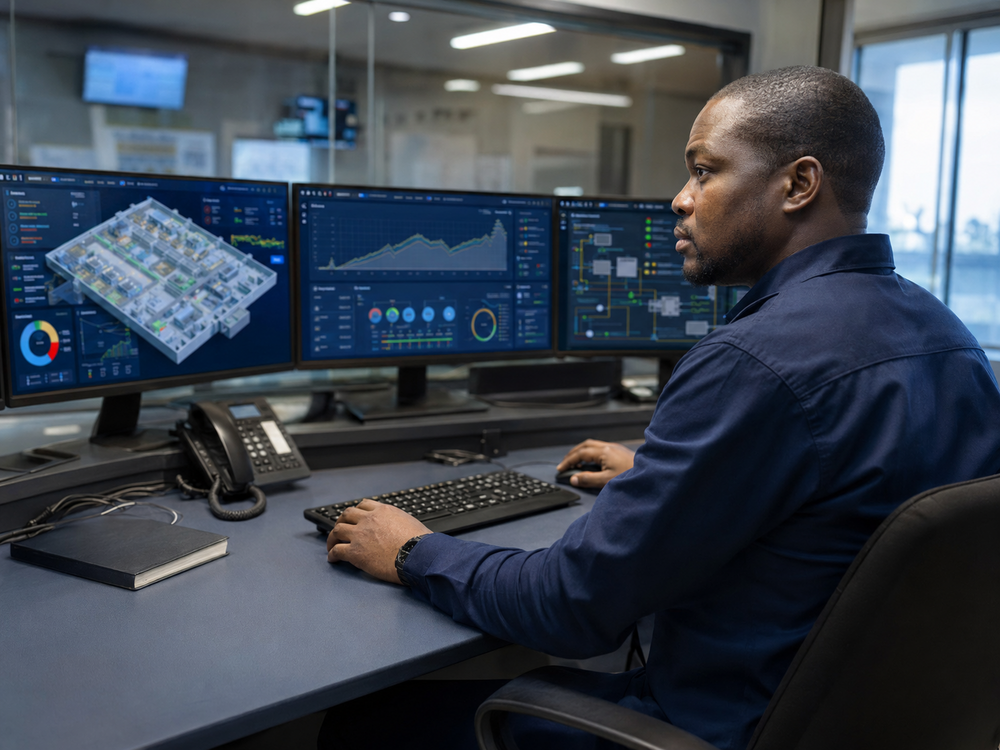 Operations engineer using connected infrastructure dashboards