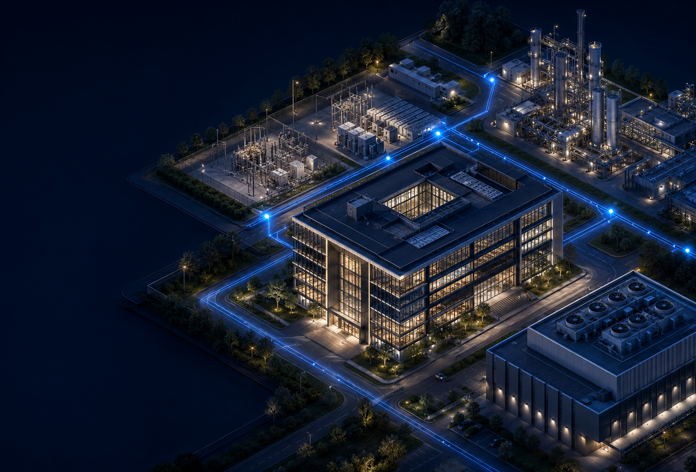Isometric connected infrastructure campus combining buildings, energy, industrial assets and a data centre